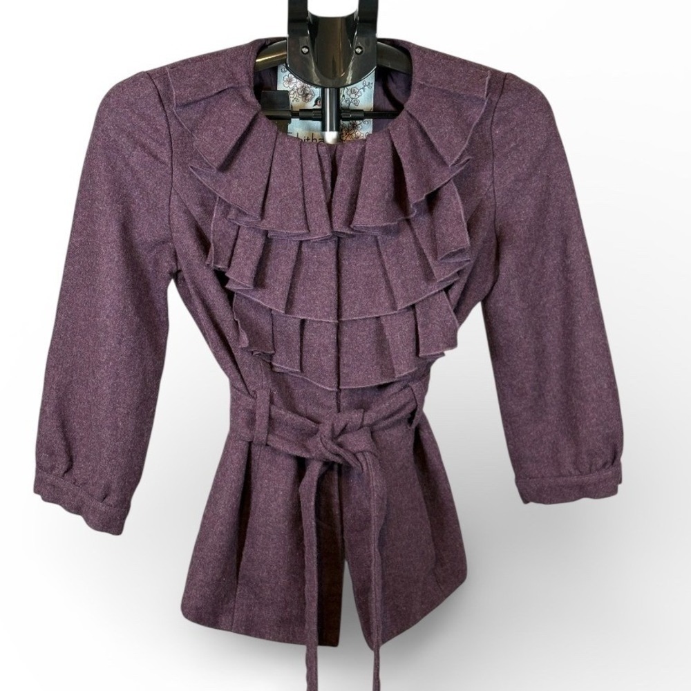Tabitha Anthropologie Purple‎ Wool Blend Ruffle Belted Jacket Size 2 Snap Front